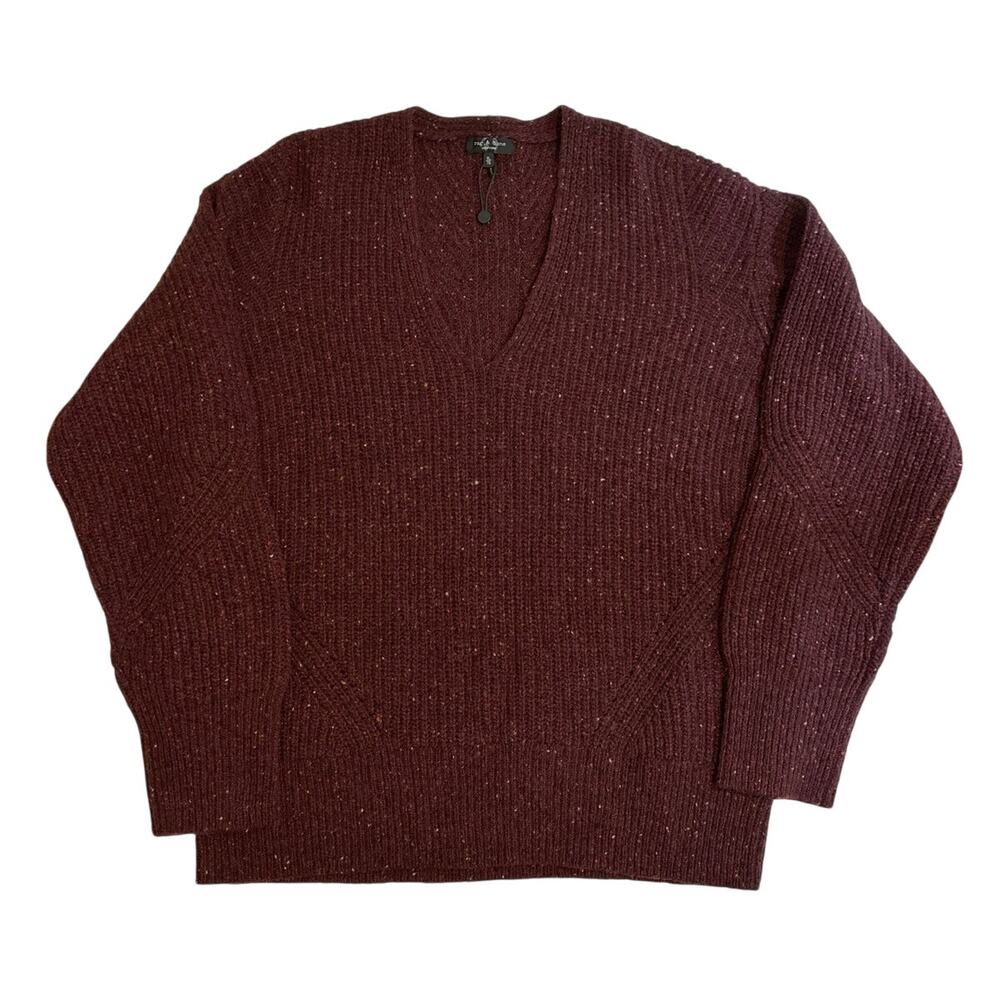 Rag & Bone Donegal Recycled Wool V-Neck Sweater Sz XL Burgundy Chunky Knit